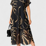 Robe Noire Allegra avec Imprimé Abstrait en Doré et Décolleté en V