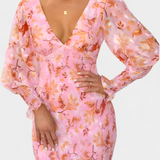 Robe Midi Florale Carly avec Taille Froncée et Manches Bouffantes