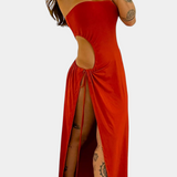 Robe Teuta Sans Bretelles avec Nœud Latéral et Haute Fente