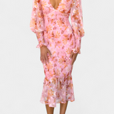 Robe Midi Florale Carly avec Taille Froncée et Manches Bouffantes