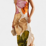 Robe Almudena Élégante avec Patchwork et Décolleté Asymétrique