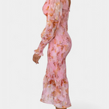 Robe Midi Florale Carly avec Taille Froncée et Manches Bouffantes