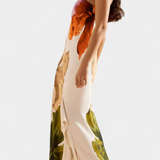 Robe Almudena Élégante avec Patchwork et Décolleté Asymétrique