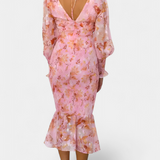 Robe Midi Florale Carly avec Taille Froncée et Manches Bouffantes