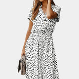 Robe Midi Rovena à Pois, Col Chemise et Taille Ajustable