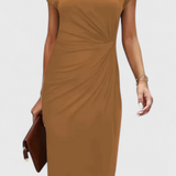 Robe Midi Intemporelle Katrina avec Col Rond et Détail Drapé