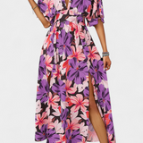 Robe Longue Julie avec Imprimé Floral et Décolleté Croisé