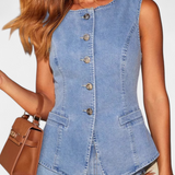 Ensemble Ludovica en Denim avec Gilet Ajusté et Jeans à Jambes Larges