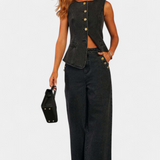 Ensemble Ludovica en Denim avec Gilet Ajusté et Jeans à Jambes Larges