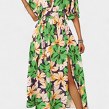 Robe Longue Julie avec Imprimé Floral et Décolleté Croisé