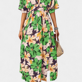 Robe Longue Julie avec Imprimé Floral et Décolleté Croisé