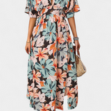 Robe Longue Julie avec Imprimé Floral et Décolleté Croisé