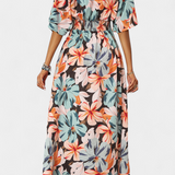 Robe Longue Julie avec Imprimé Floral et Décolleté Croisé