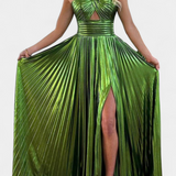 Robe Maxi Métallique Aikaterini avec Décolleté Croisé et Fente