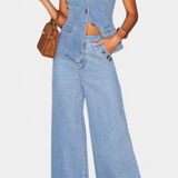 Ensemble Ludovica en Denim avec Gilet Ajusté et Jeans à Jambes Larges