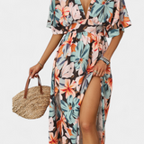 Robe Longue Julie avec Imprimé Floral et Décolleté Croisé