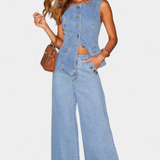 Ensemble Ludovica en Denim avec Gilet Ajusté et Jeans à Jambes Larges
