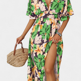 Robe Longue Julie avec Imprimé Floral et Décolleté Croisé