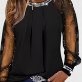 Blouse Florale Élégante avec Manches en Tulle et Accents de Strass