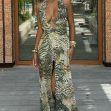 Robe Longue Halter en Dentelle Zephyra avec Fente