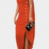 Robe Asymétrique Aphrodite avec Boutons Décoratifs en Or