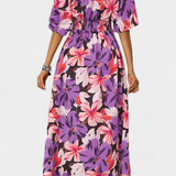 Robe Longue Julie avec Imprimé Floral et Décolleté Croisé