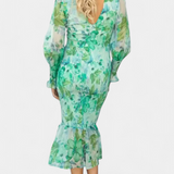 Robe Midi Florale Carly avec Taille Froncée et Manches Bouffantes