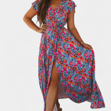 Robe Longue Ximena avec Imprimé Floral et Fente Latérale
