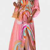 Robe Maxi Joelle Arc-en-ciel avec Décolleté en V et Manches Chauve-Souris