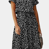 Robe Midi Rovena à Pois, Col Chemise et Taille Ajustable