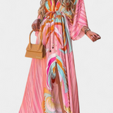 Robe Maxi Joelle Arc-en-ciel avec Décolleté en V et Manches Chauve-Souris