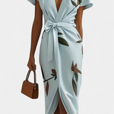 Robe Dhalia Croisée avec Imprimé de Feuilles