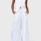 Ensemble Bernadina en Lin avec Top à Ouverture Frontal et Pantalons à Jambes Larges