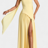 Robe Maxi en Chiffon Celaena avec Épaules Dégagées et Fente Latérale