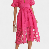 Robe Midi à Manches Bouffantes en Calendula avec Motif à Carreaux