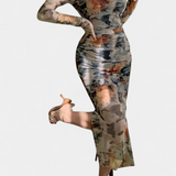 Robe Ajustée Jaenia avec Imprimé Floral et Décolleté Carré