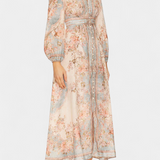 Robe Maxi Évasée Dorotila avec Imprimé Floral, Boutons et Manches Bouffantes