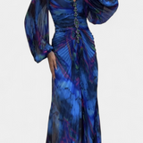 Robe Maxi Plissée Quintessa avec Manches Longues et Imprimé Vibrant