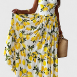 Robe Maxi Huda avec Imprimé Citron, Bretelles et Fente Latérale