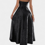 Robe Midi Jacquard Gilda avec Dos Ouvert et Taille Haute