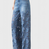 Pantalons Palazzo en Denim avec Dentelle Brodée Florale Jasiel