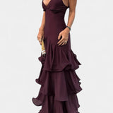 Robe Maxi Atlana Bordeaux avec Volants en Couches