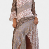 Robe Florale Ruth Longue avec Manches 3/4 et Panneaux à Volants