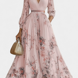 Robe Maxi en Chiffon Plissé Phaedra avec Manches Bouffantes