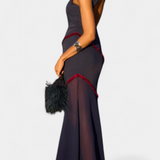 Robe Midi Bodycon Orfila avec Chiffon Contrastant et Franges