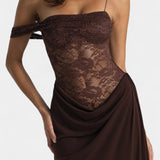 Robe Maxi en Dentelle Asymétrique Castanza