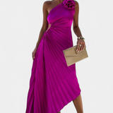 Robe de Cocktail Asymétrique Leire avec Applications Florales et Jupe Plissée