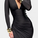 Robe Freda à Manches Longues avec Décolleté en V et Plis