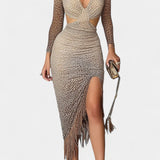 Robe Bodycon Léopard Irene avec Découpe Tordue et Franges