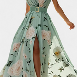 Robe Florale Nila avec Volants et Fente Latérale en Chiffon
